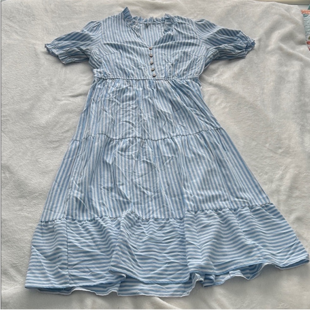 Summer Blue and White Striped Tiered Midi Dress with Button Front - Picture 2 of 5